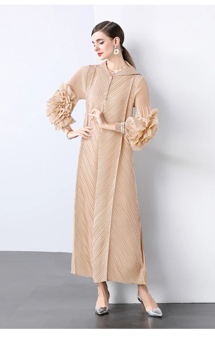 Plissé Pleated Long Sleeve Dress