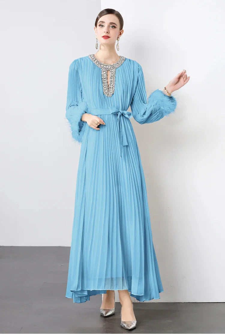 Plisse Faux Fur Crystal Dress