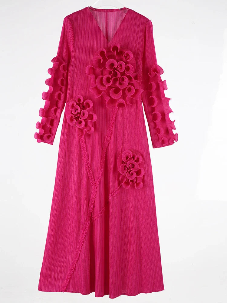 Pleated 3D Ruffle Floral Dress