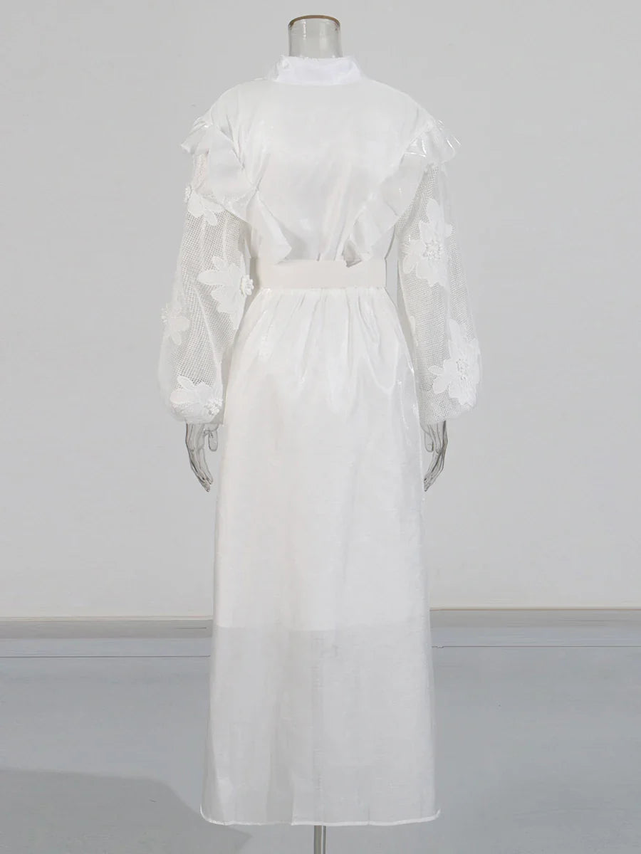 Couture Midi Dress with Sheer Mesh Long Sleeves