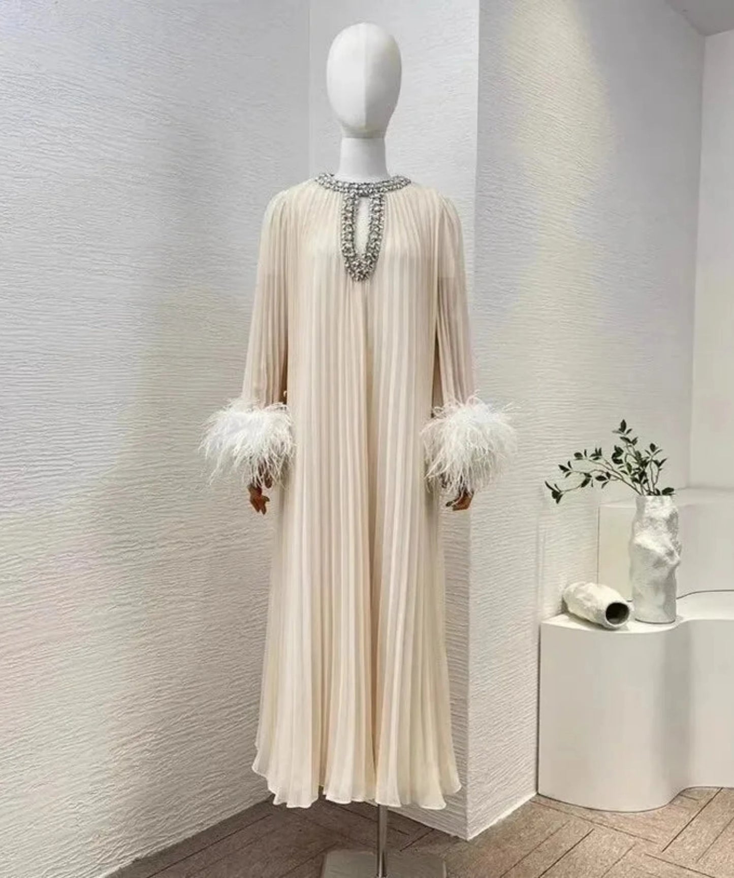 Luxe Pleated Feather Midi Dress