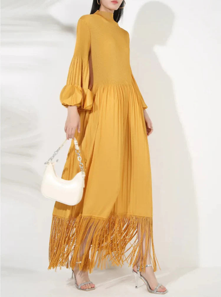 Pleated Long Sleeve Midi Dress with Tassels