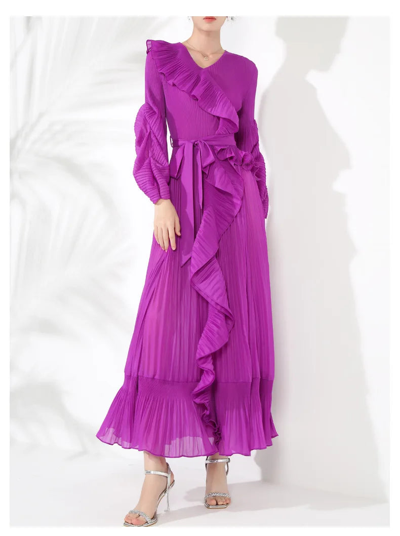 Ruffle Pleated V-Neck Dress