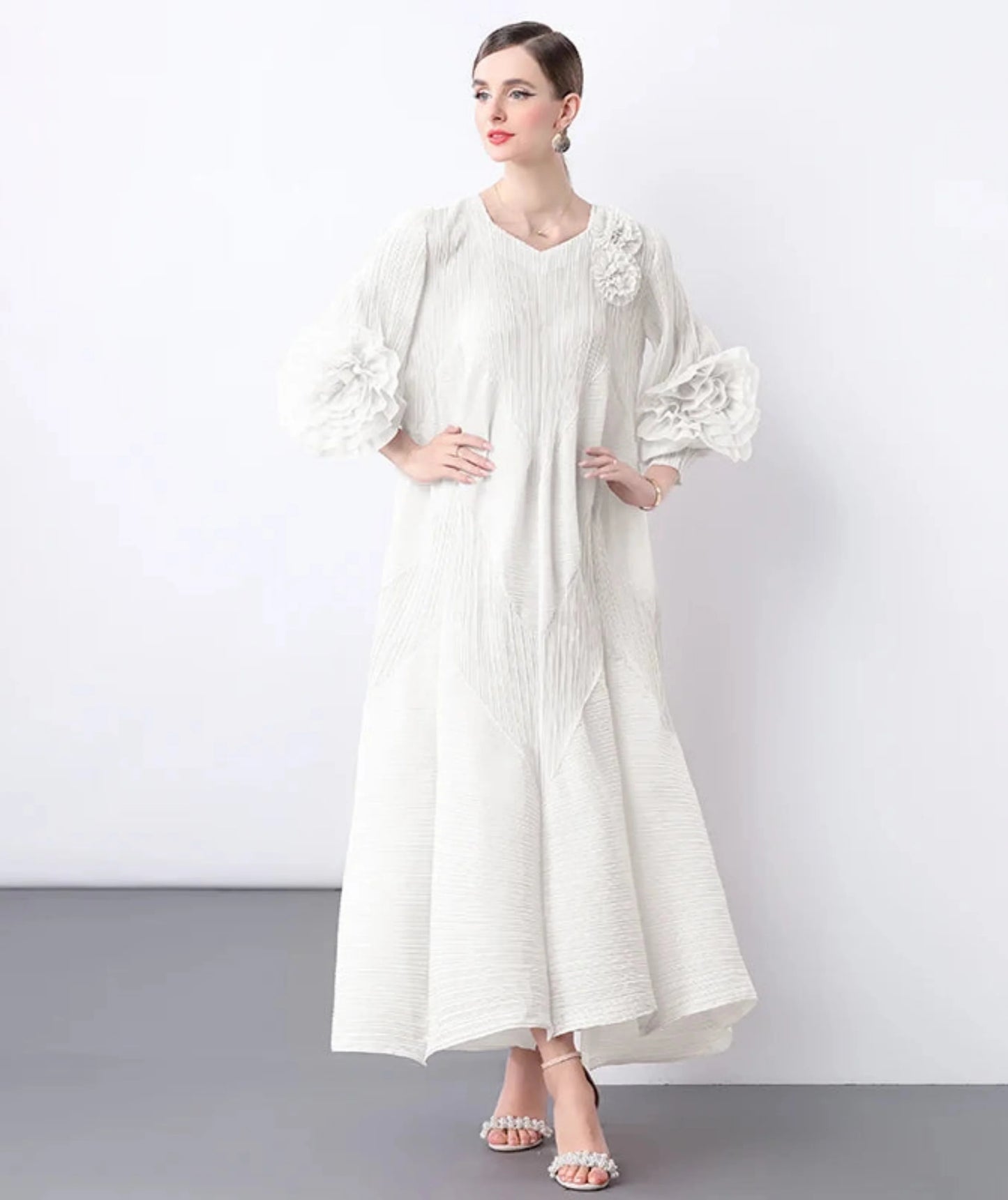 Floral Bell Sleeve Pleated Dress