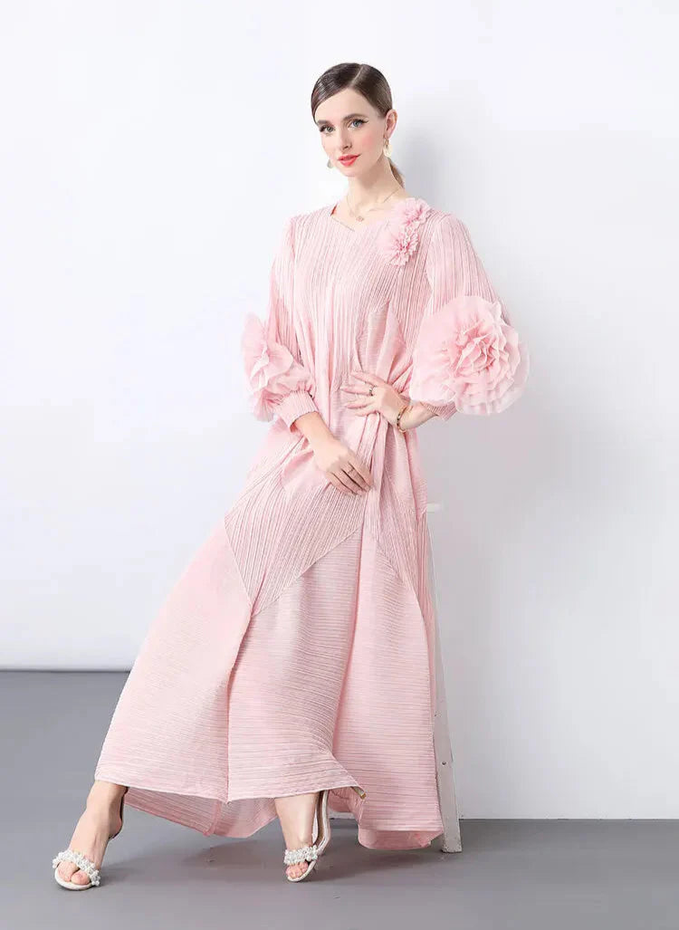 Floral Bell Sleeve Pleated Dress