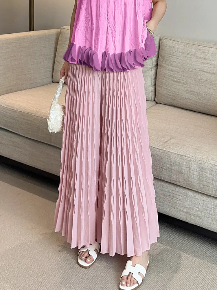 Pleated Chiffon Wide-Leg Trousers