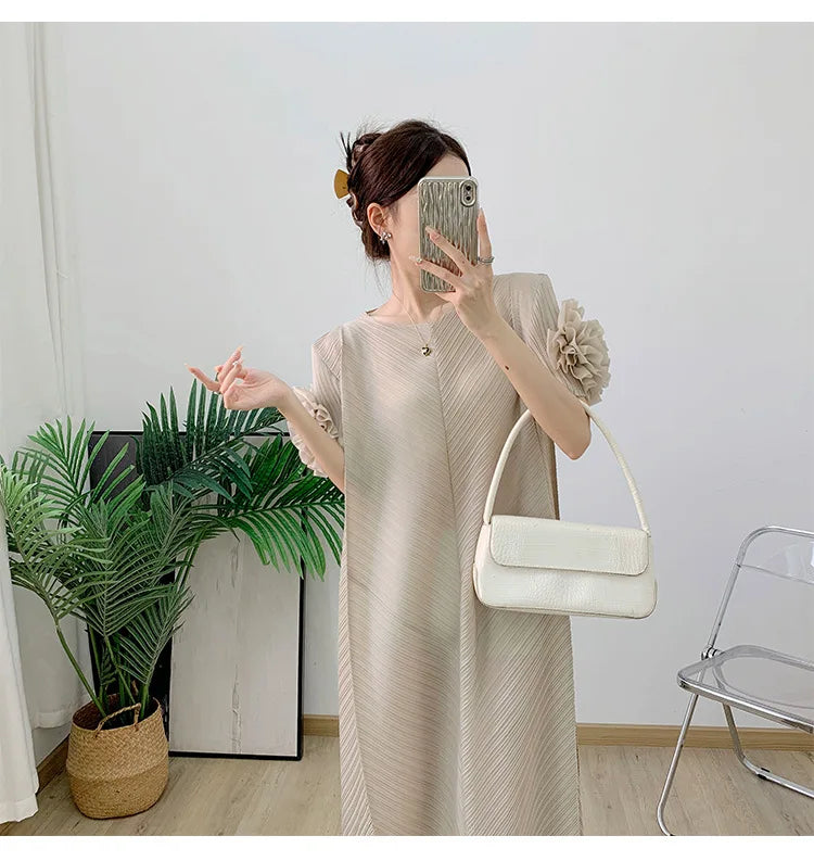 Luxe Floral Short Sleeve Plissé Pleated Long Dress