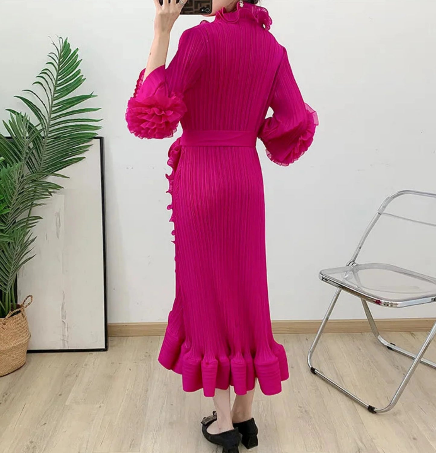 Pleated Ruffled Collar Dress