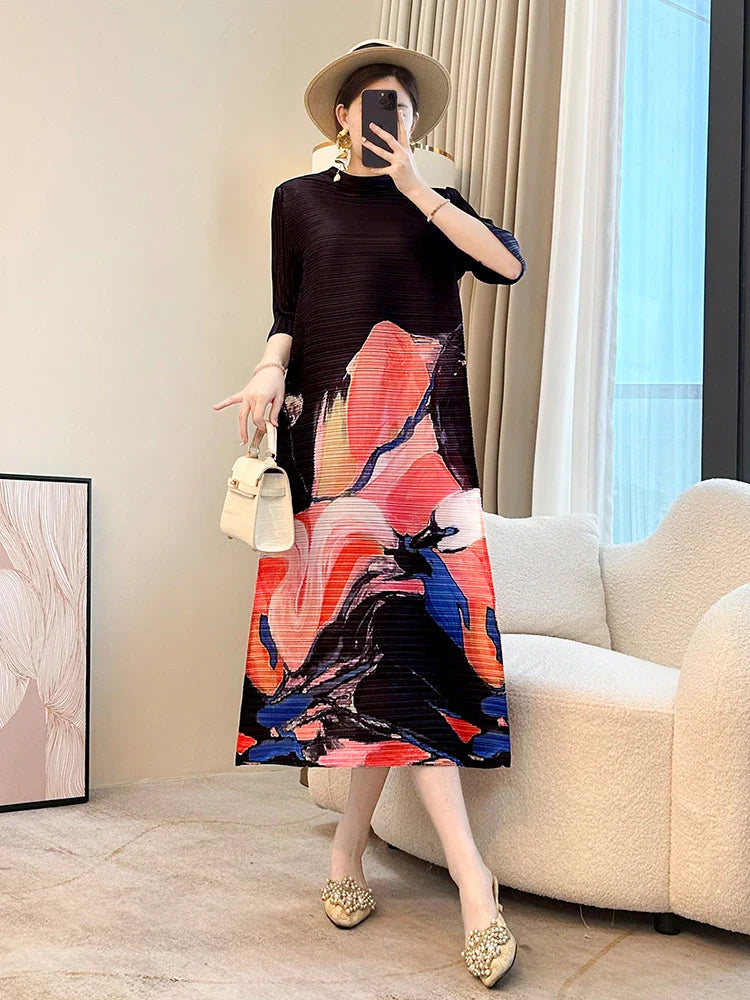 Japanese Floral Pleated Midi Dress