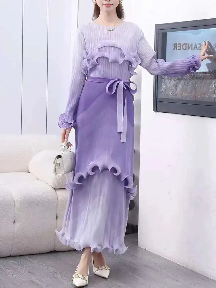 Ombre Pleated Ruffle Long Dress