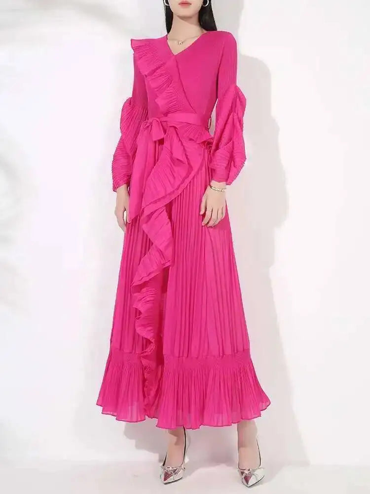 Ruffle Pleated V-Neck Dress