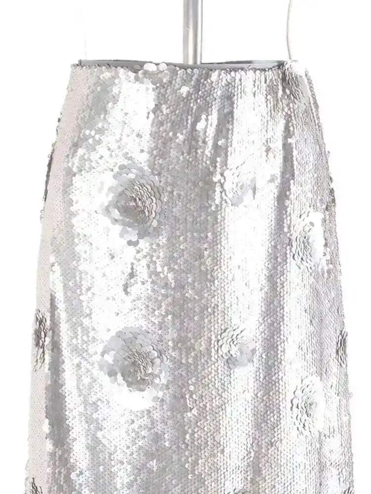 Luxury Silver Sequin Midi Skirt