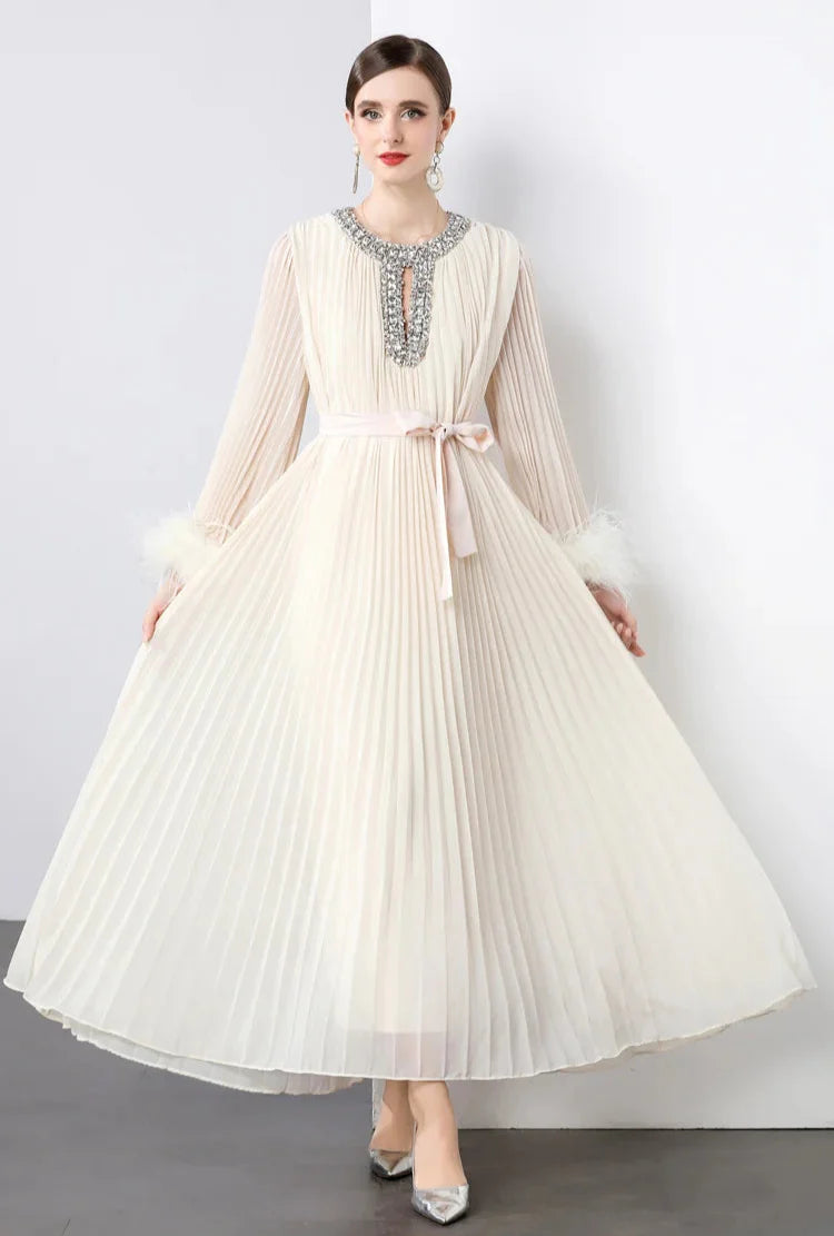 Plisse Faux Fur Crystal Dress