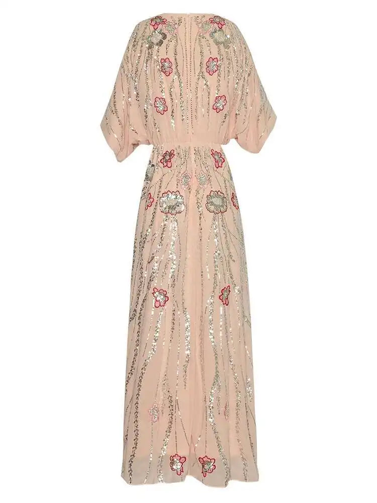 Flowy Sequin-Adorned Evening Dress