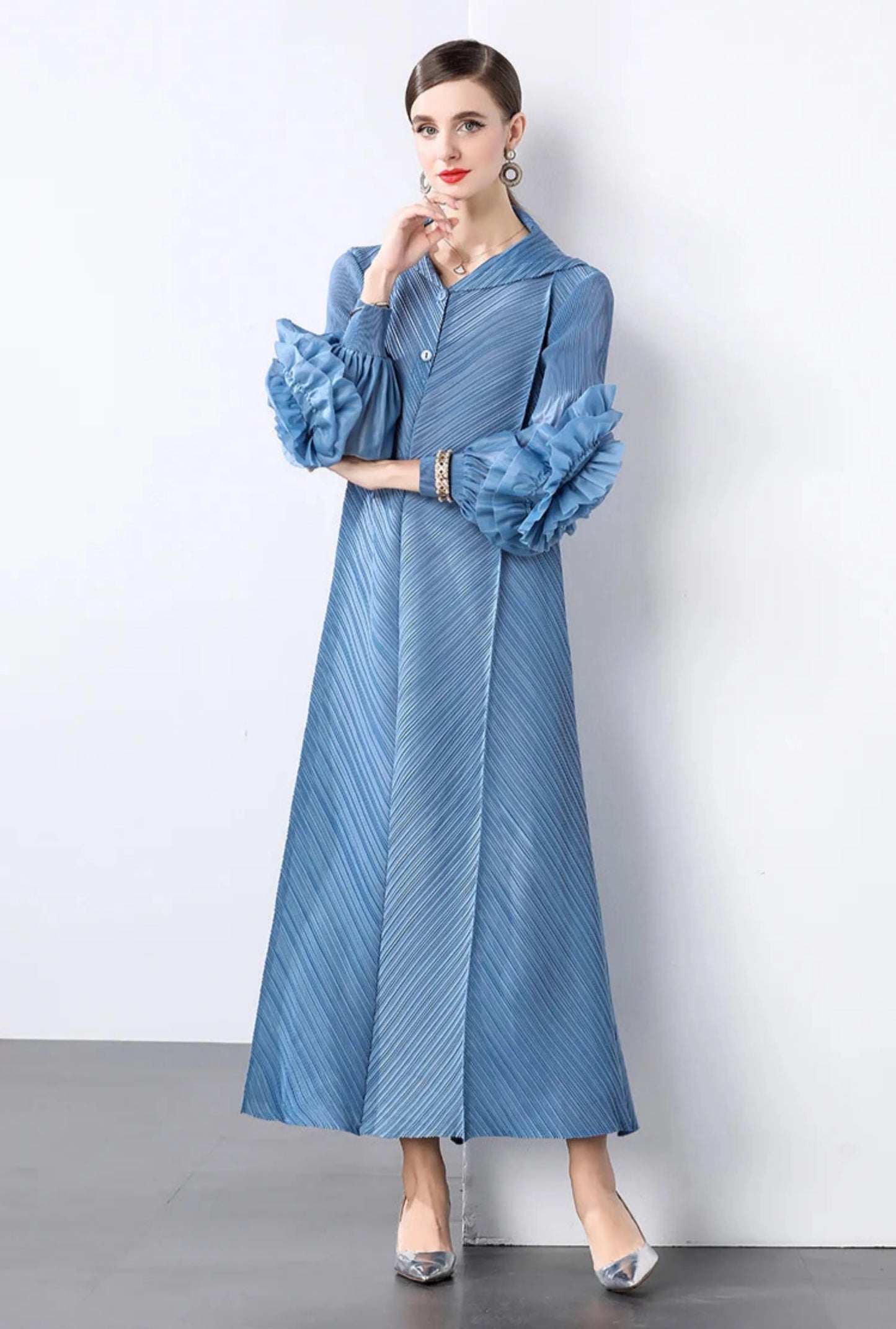 Plissé Pleated Long Sleeve Dress