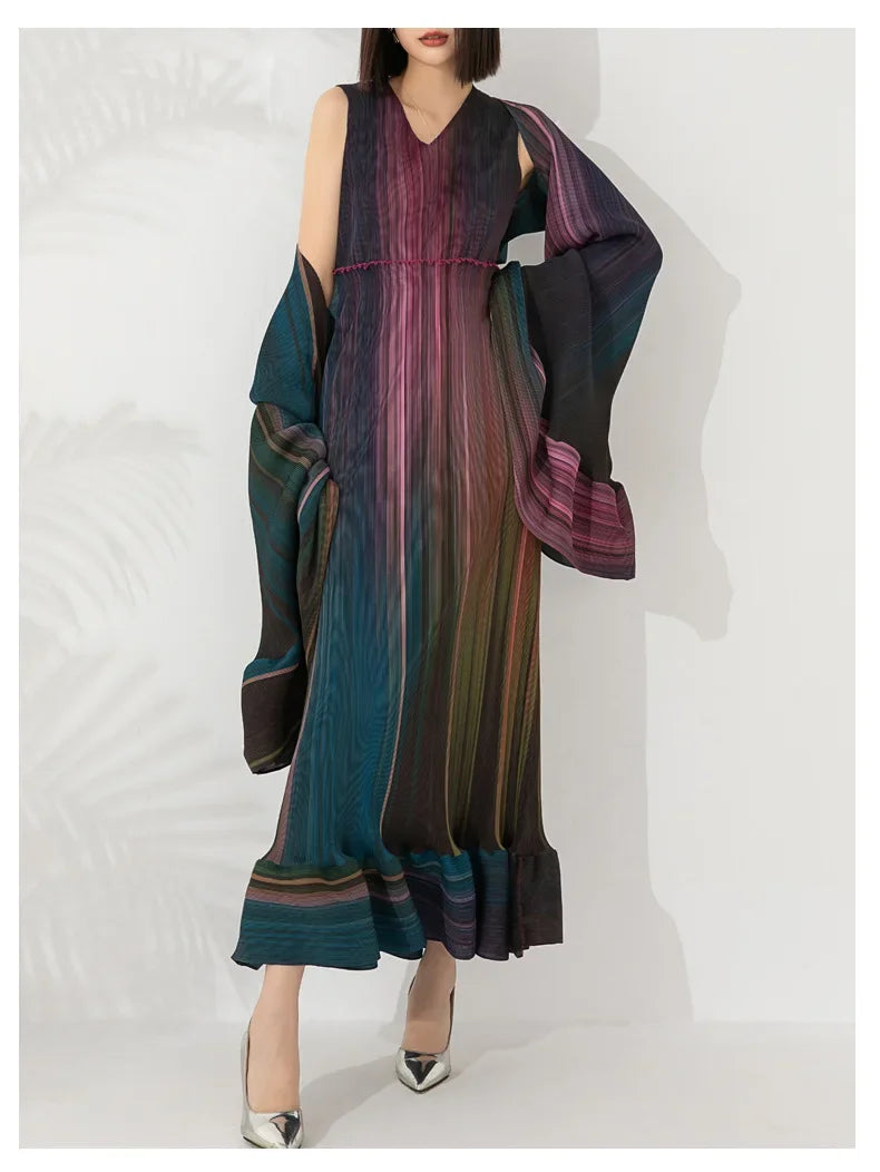 Women's Chic Pleated Sleeveless Midi Dress & Shawl Set