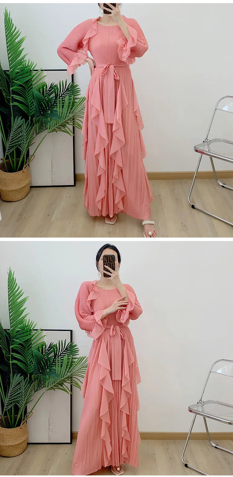 Luxury Pleated Ruffle Midi Dress