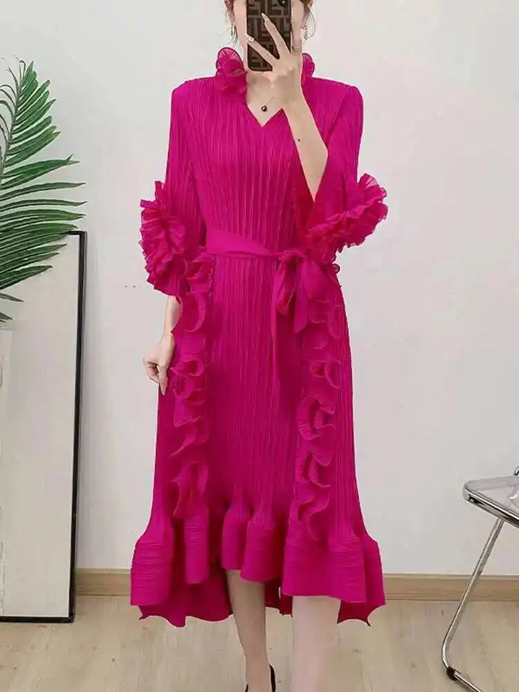 Pleated Ruffled Collar Dress
