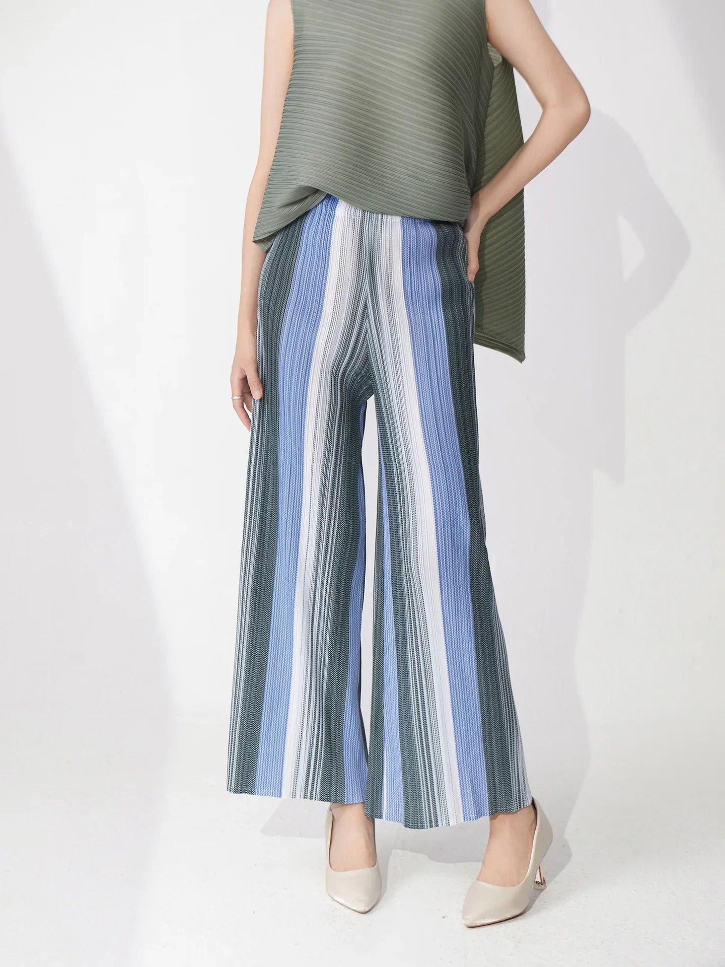 Striped Pleated Wide Leg Pants - Palazzo Style