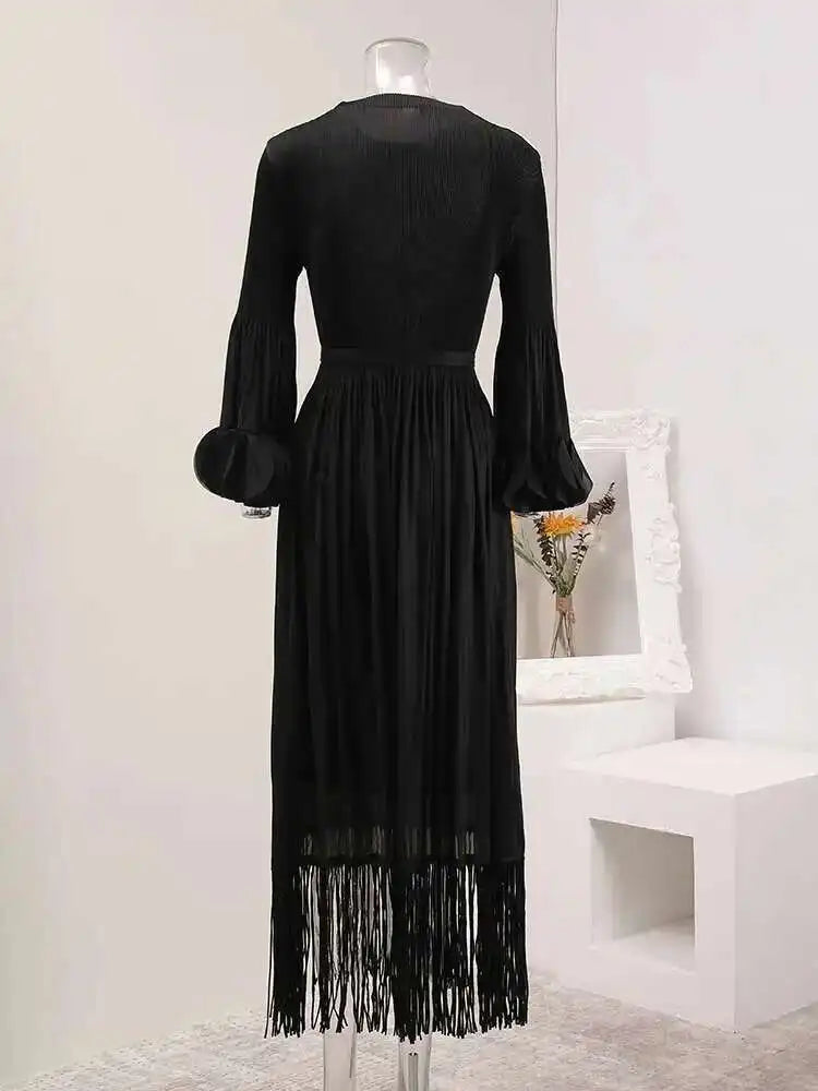 Elegant Fringe Hem Plissé Dress