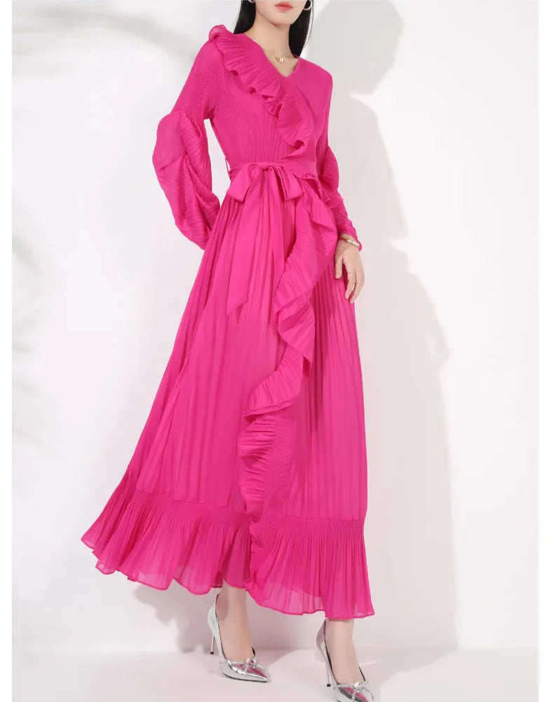 Ruffle Pleated V-Neck Dress
