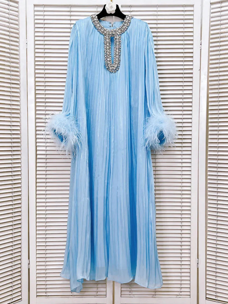 Luxe Pleated Feather Midi Dress