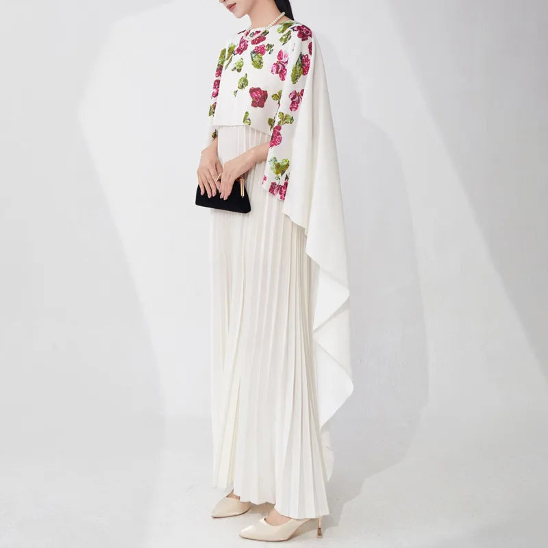 Pleated Petite Floral Cape Dress