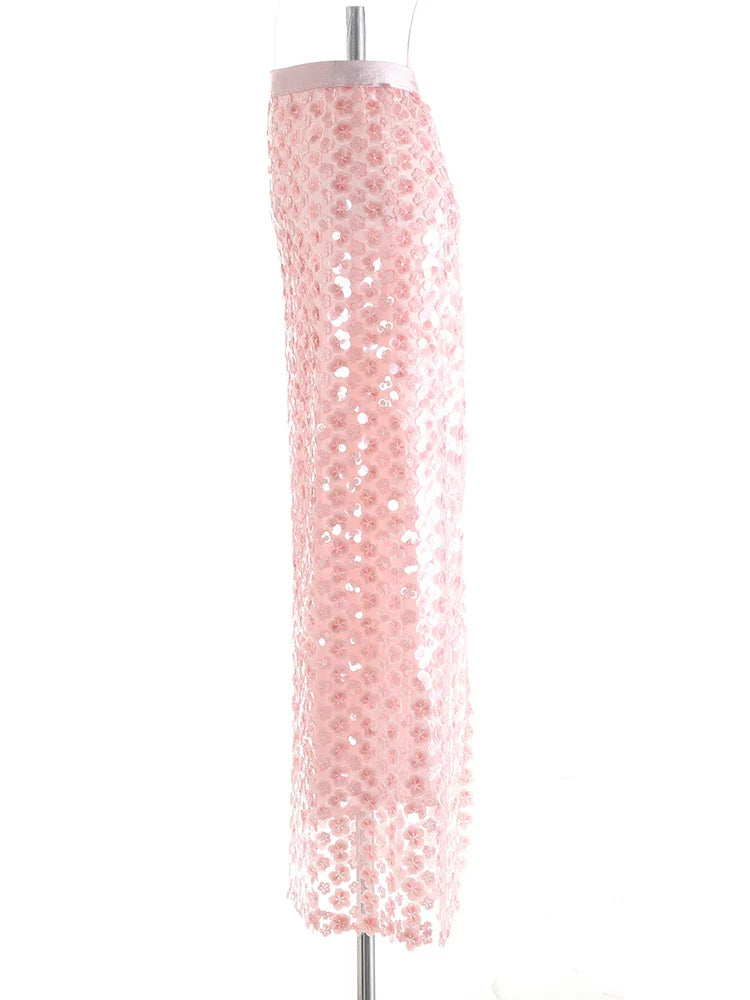 Floral Sequin Pull-On Midi Skirt