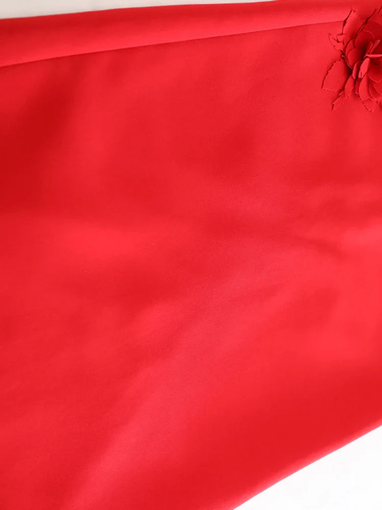Red Floral Appliqué Midi Skirt