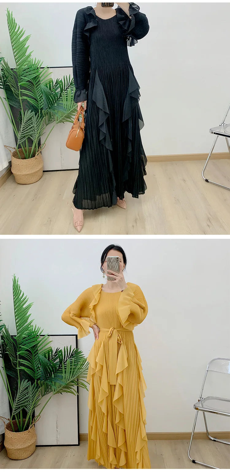 Luxury Pleated Ruffle Midi Dress