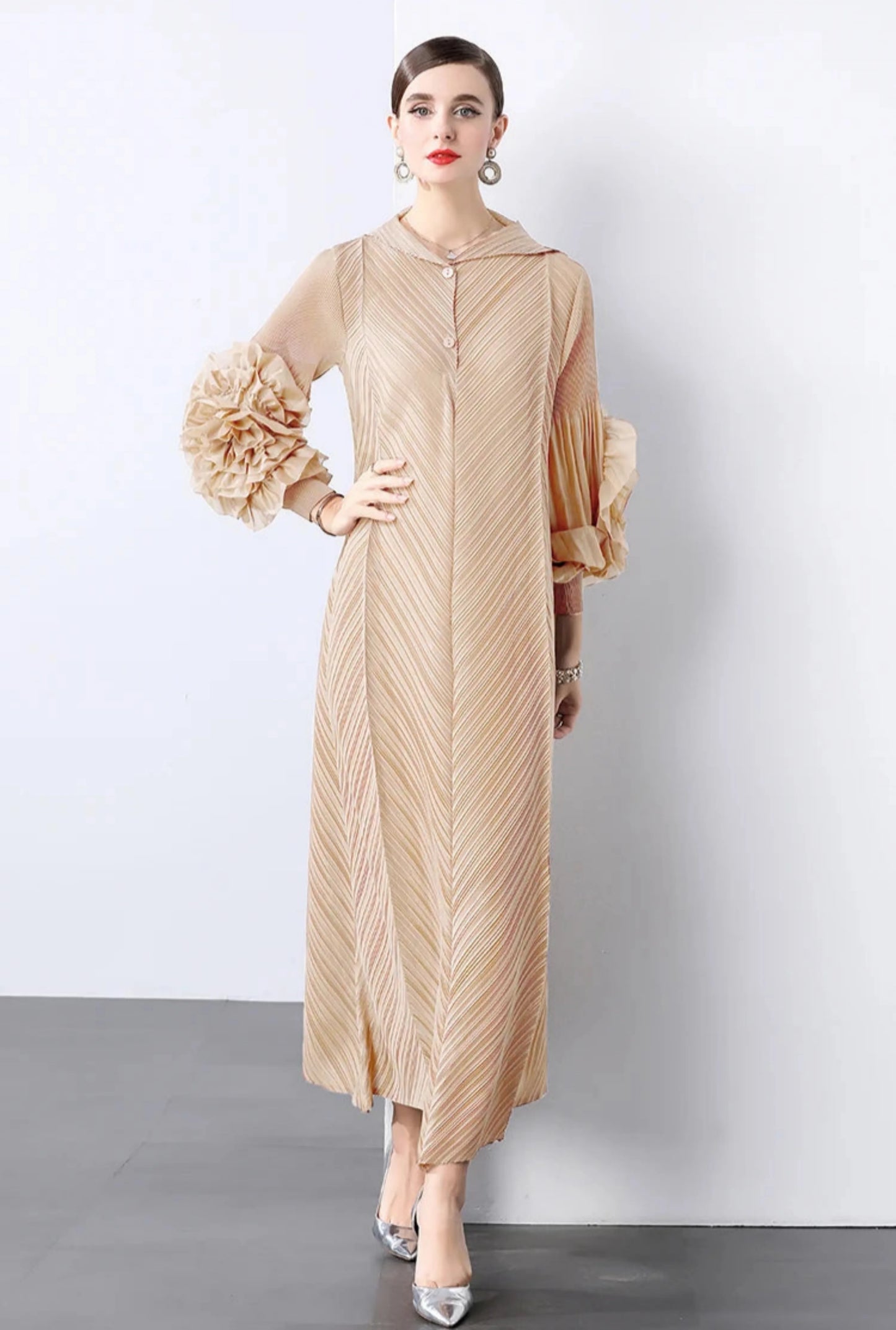 Plissé Pleated Long Sleeve Dress