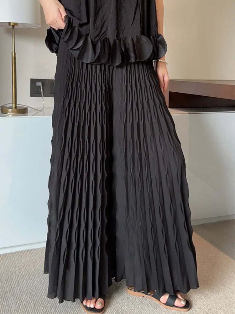 Pleated Chiffon Wide-Leg Trousers