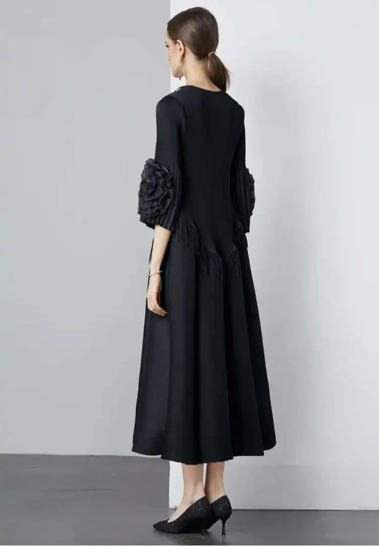 Plisse Floral Cape Sleeve Dress