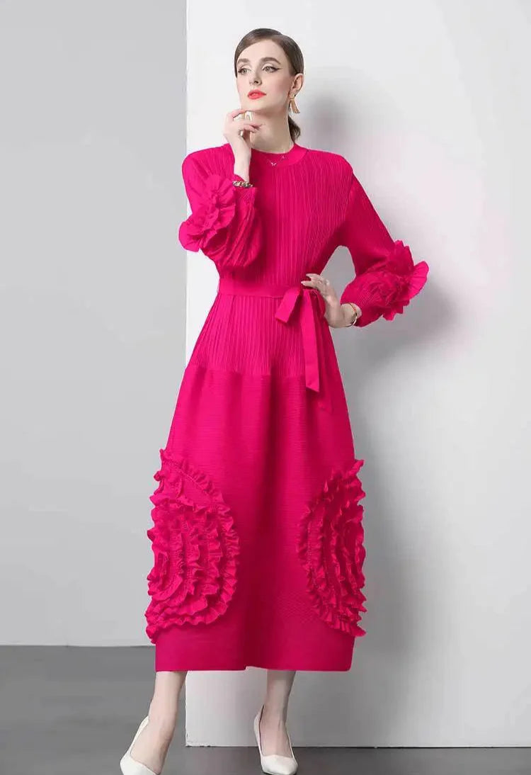 Plisse Floral Bubble Sleeve Dress