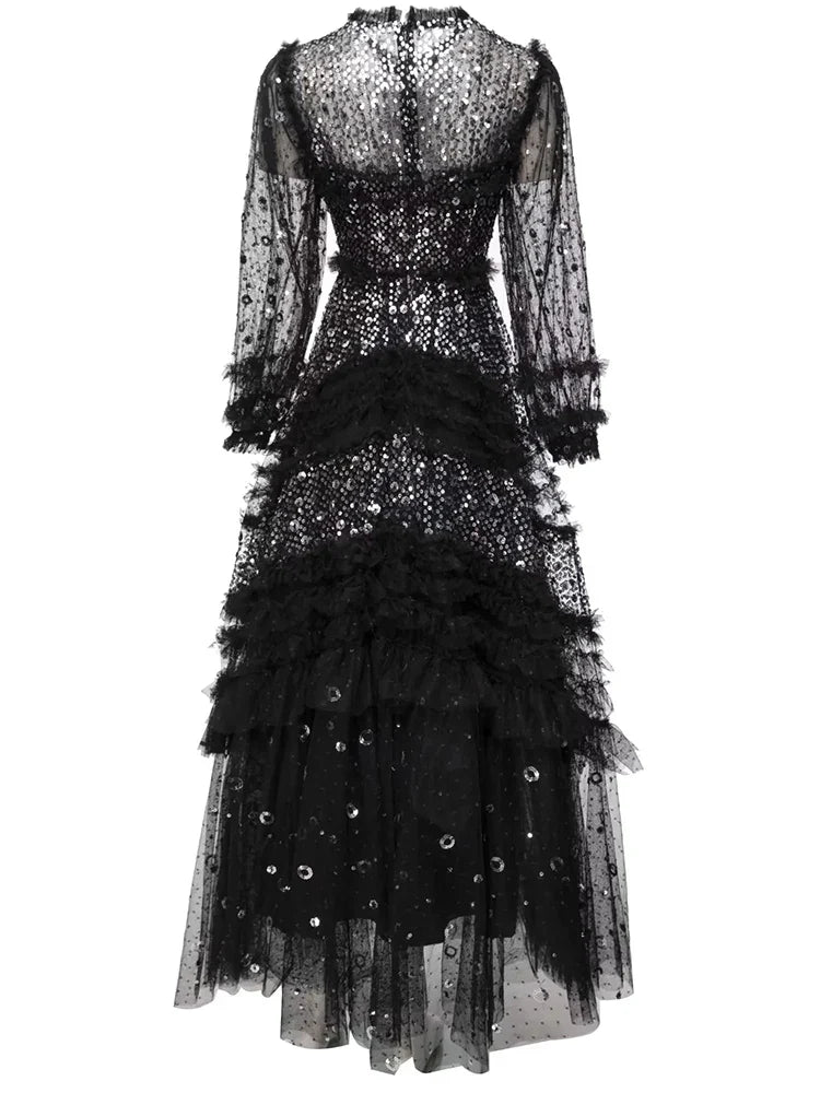 Couture Modest Midi Dress - Sequins & Ruffles