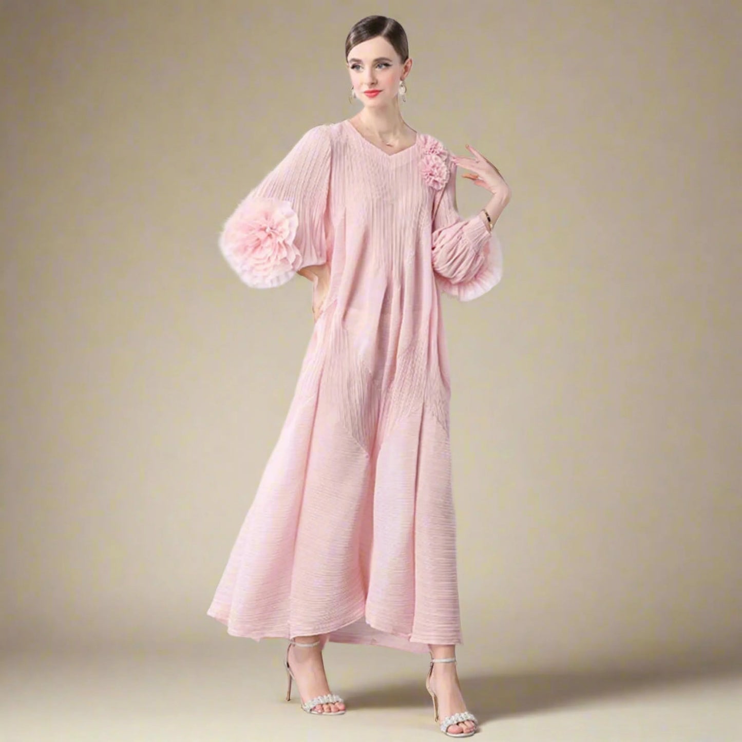Floral Bell Sleeve Pleated Dress