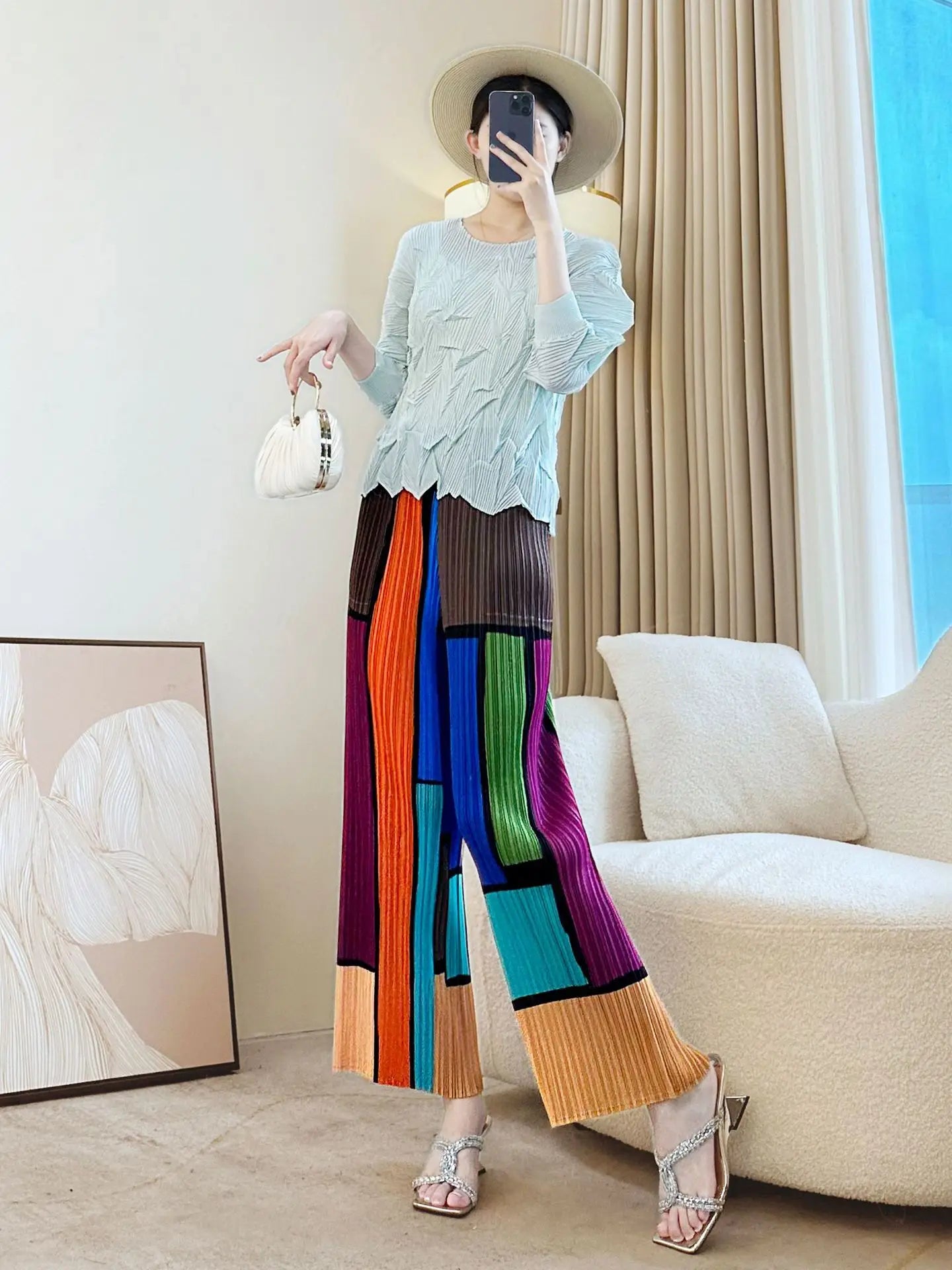 Luxury Color Block Pleats Pants