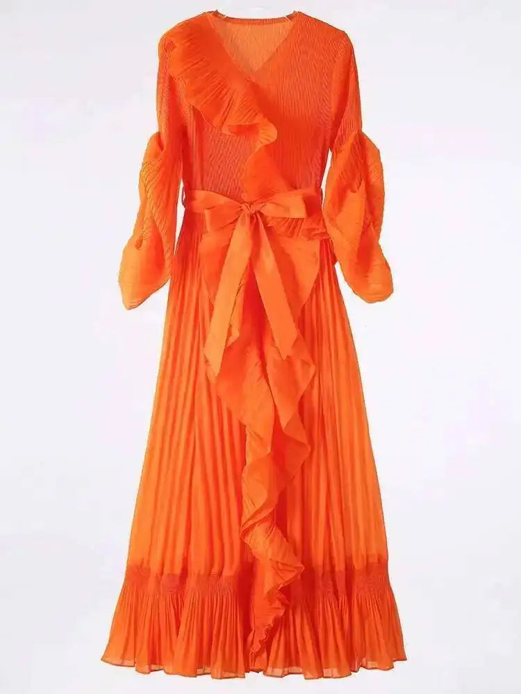 Ruffle Pleated V-Neck Dress