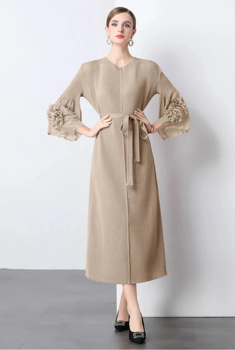 Floral Cape Sleeve Plisse Dress