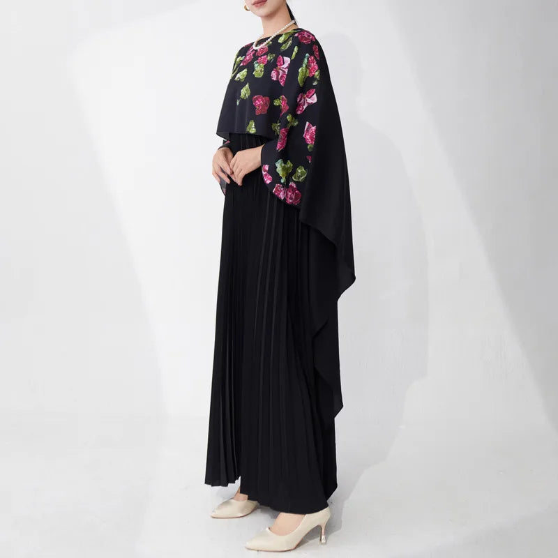 Pleated Petite Floral Cape Dress