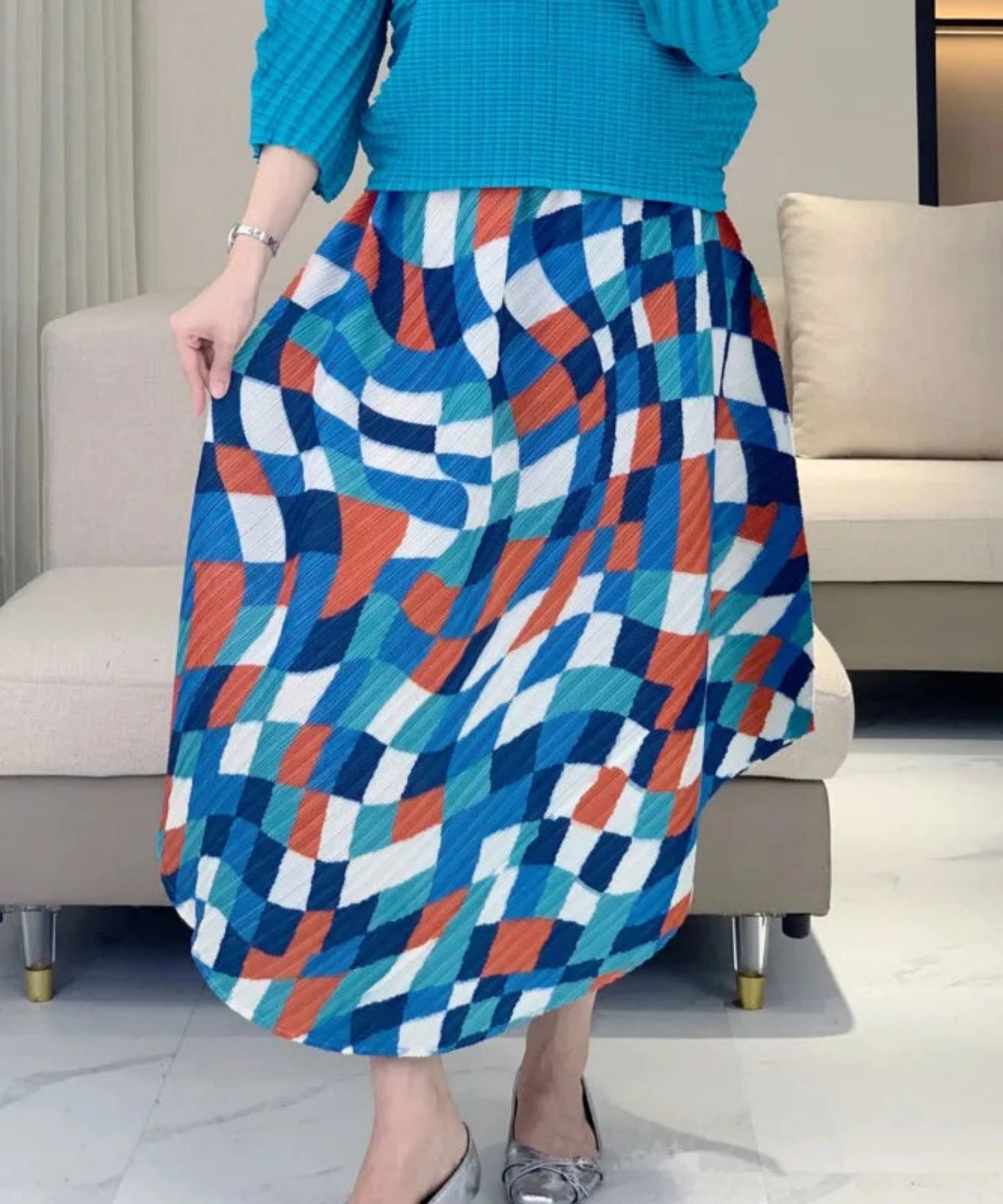 Geometric Pleated Midi Skirt