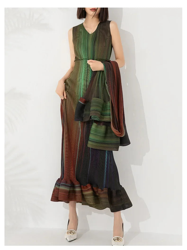 Women's Chic Pleated Sleeveless Midi Dress & Shawl Set