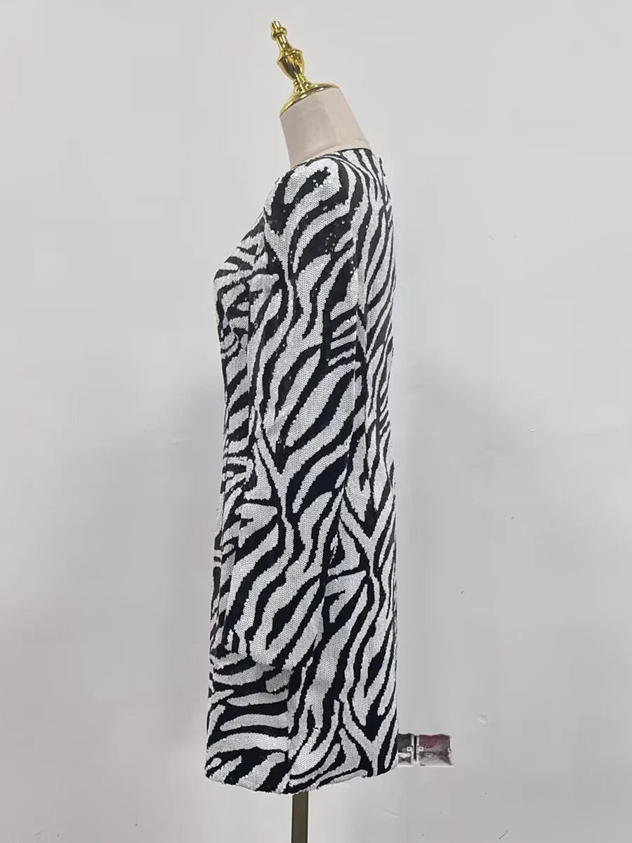 Luxe Zebra Sequin Long Sleeve Mini Dress