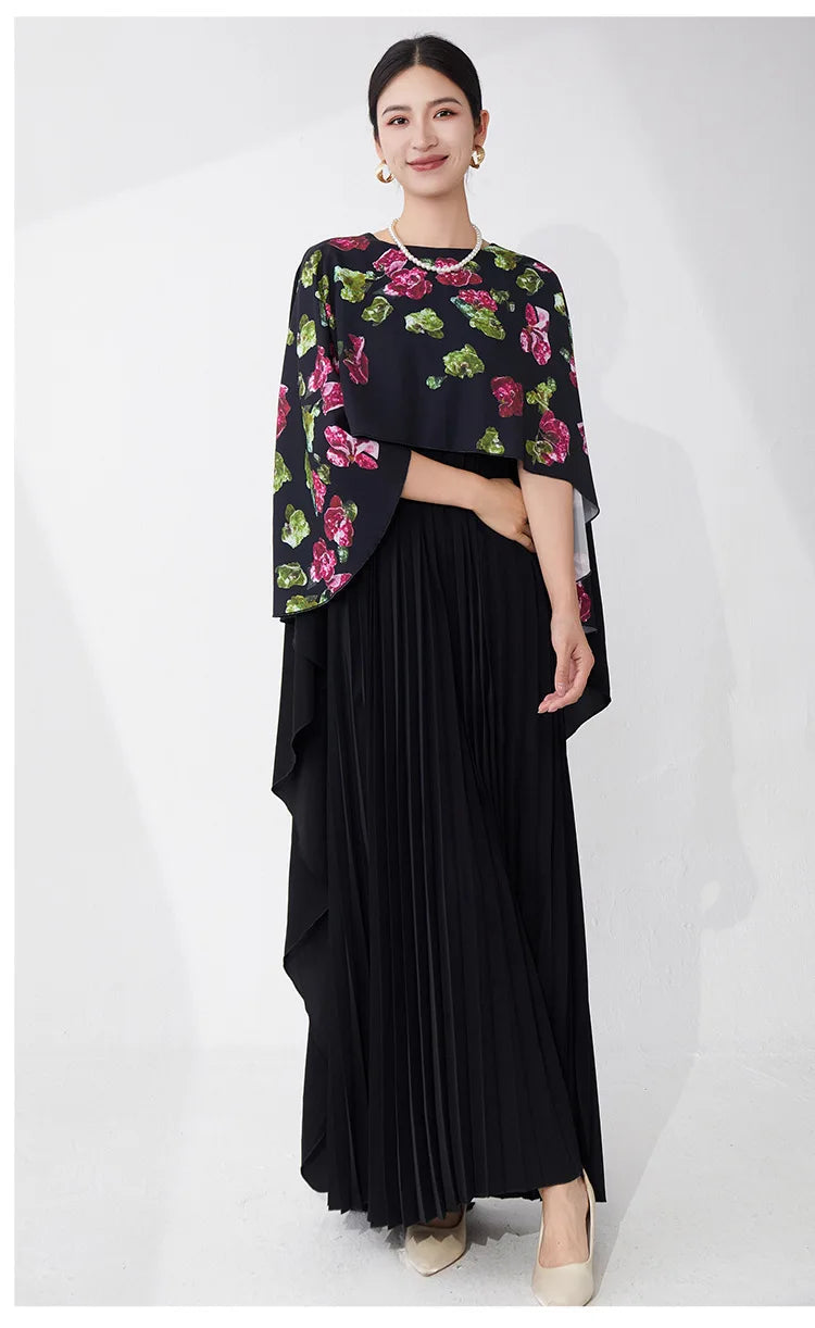 Pleated Petite Floral Cape Dress