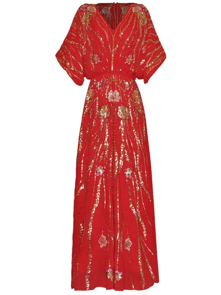 Flowy Sequin-Adorned Evening Dress