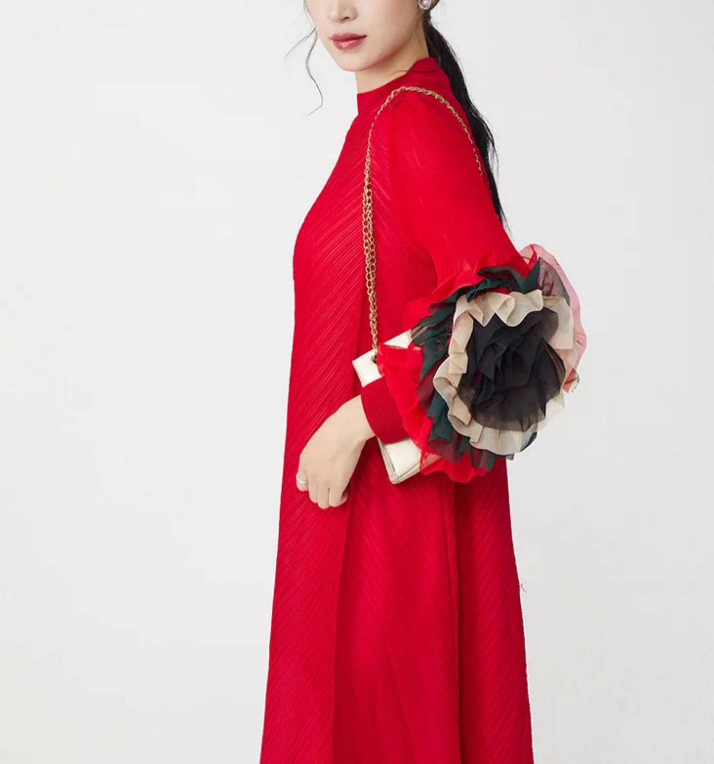 Truly Pleated Ruffle Sleeve Dress