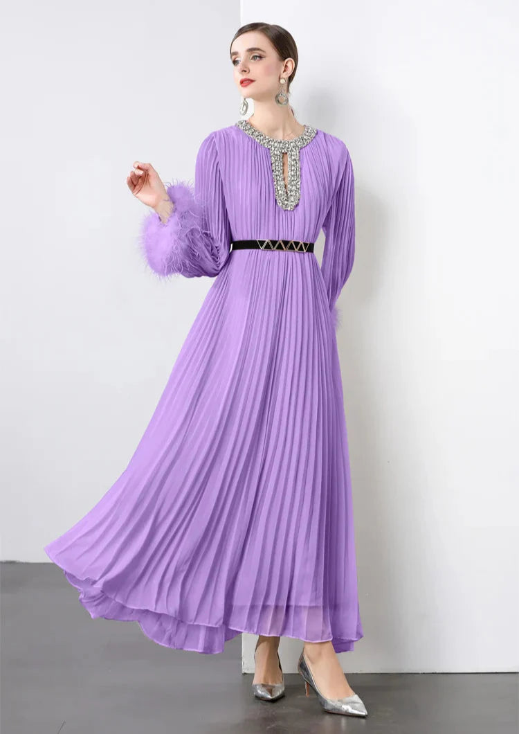 Plisse Faux Fur Crystal Dress