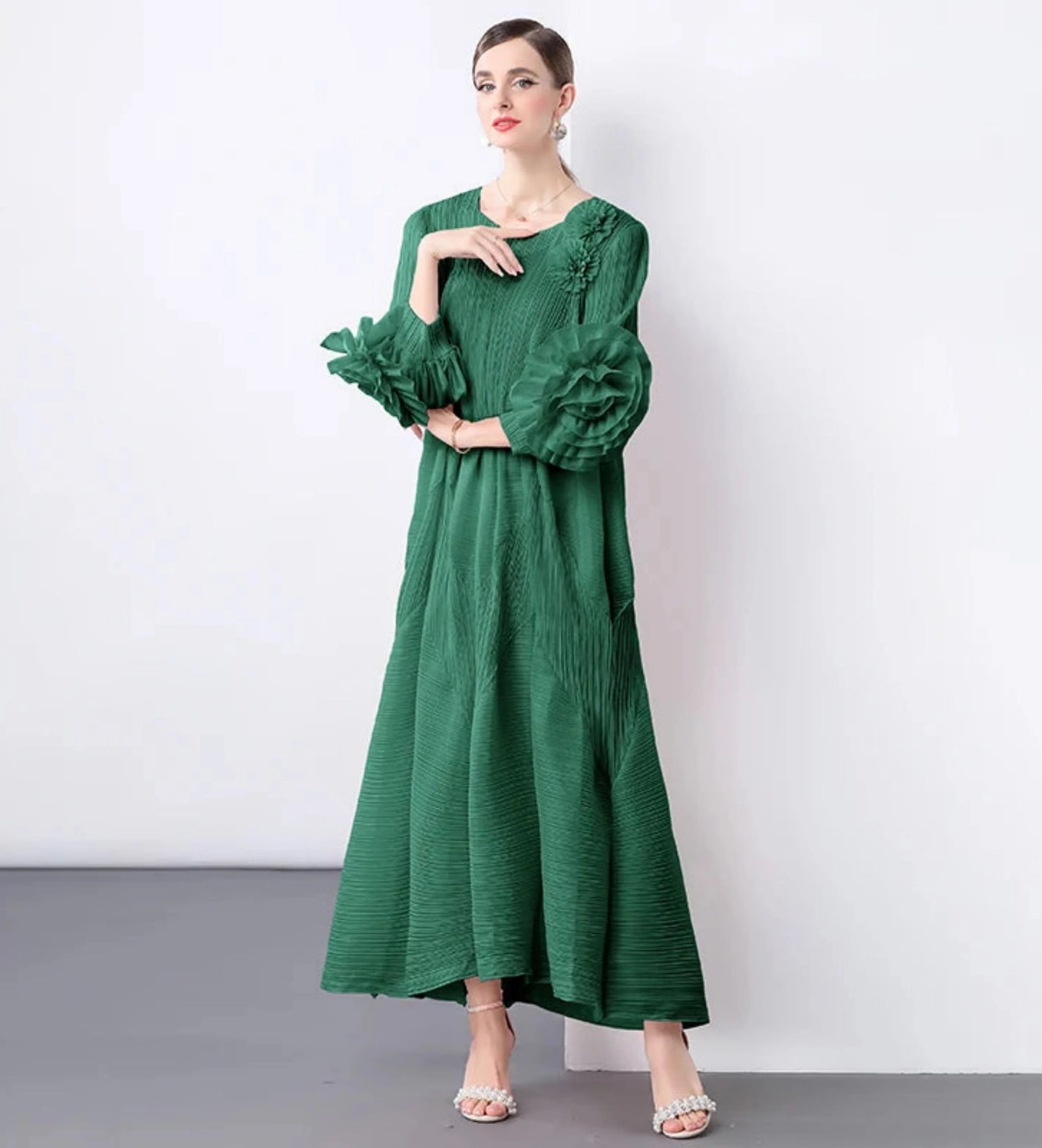 Floral Bell Sleeve Pleated Dress