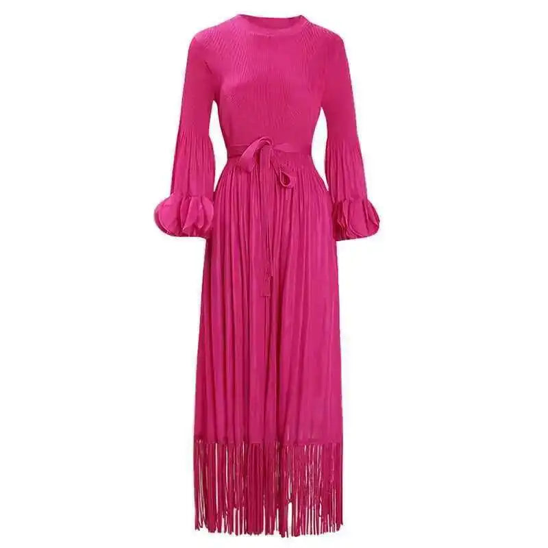 Elegant Fringe Hem Plissé Dress