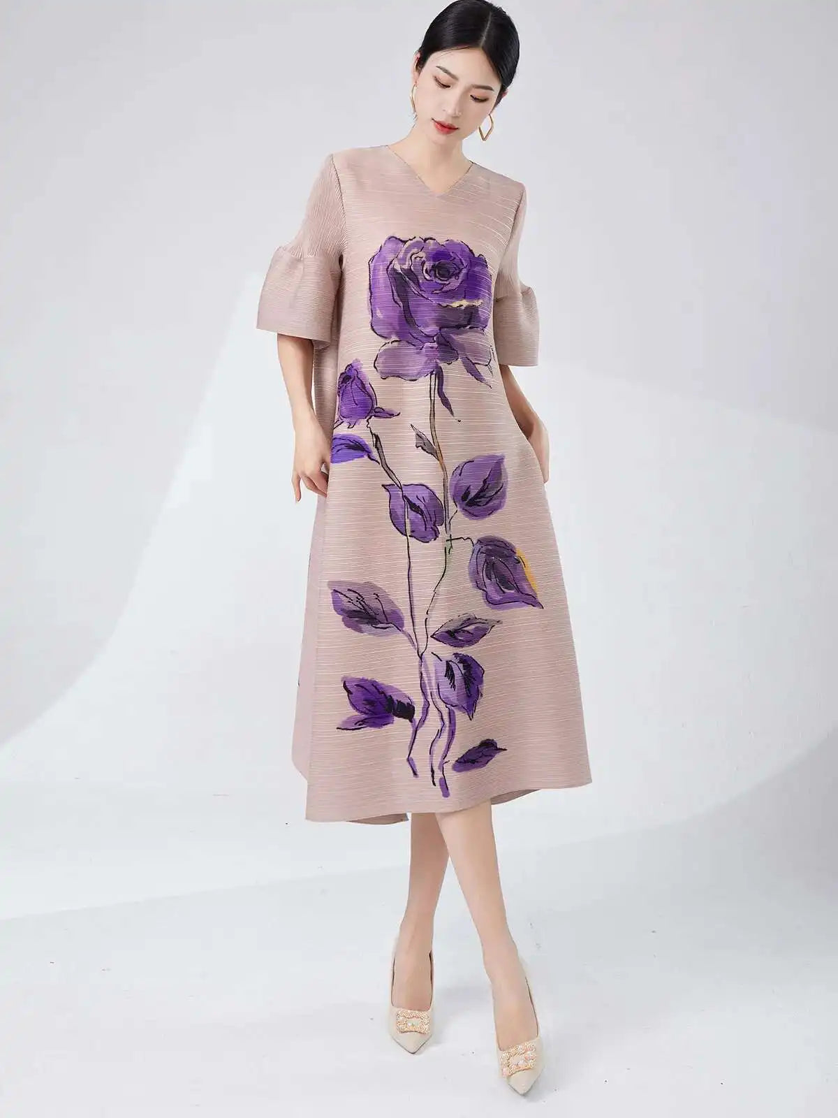 Rose Pleated Cape Sleeve Dress